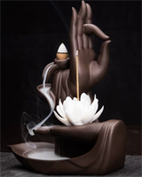 Backflow wierook brander / houder 22cm handen met lotus waterval Bruin & Wit keramiek + 20stuks XL Kegels Feng Shui